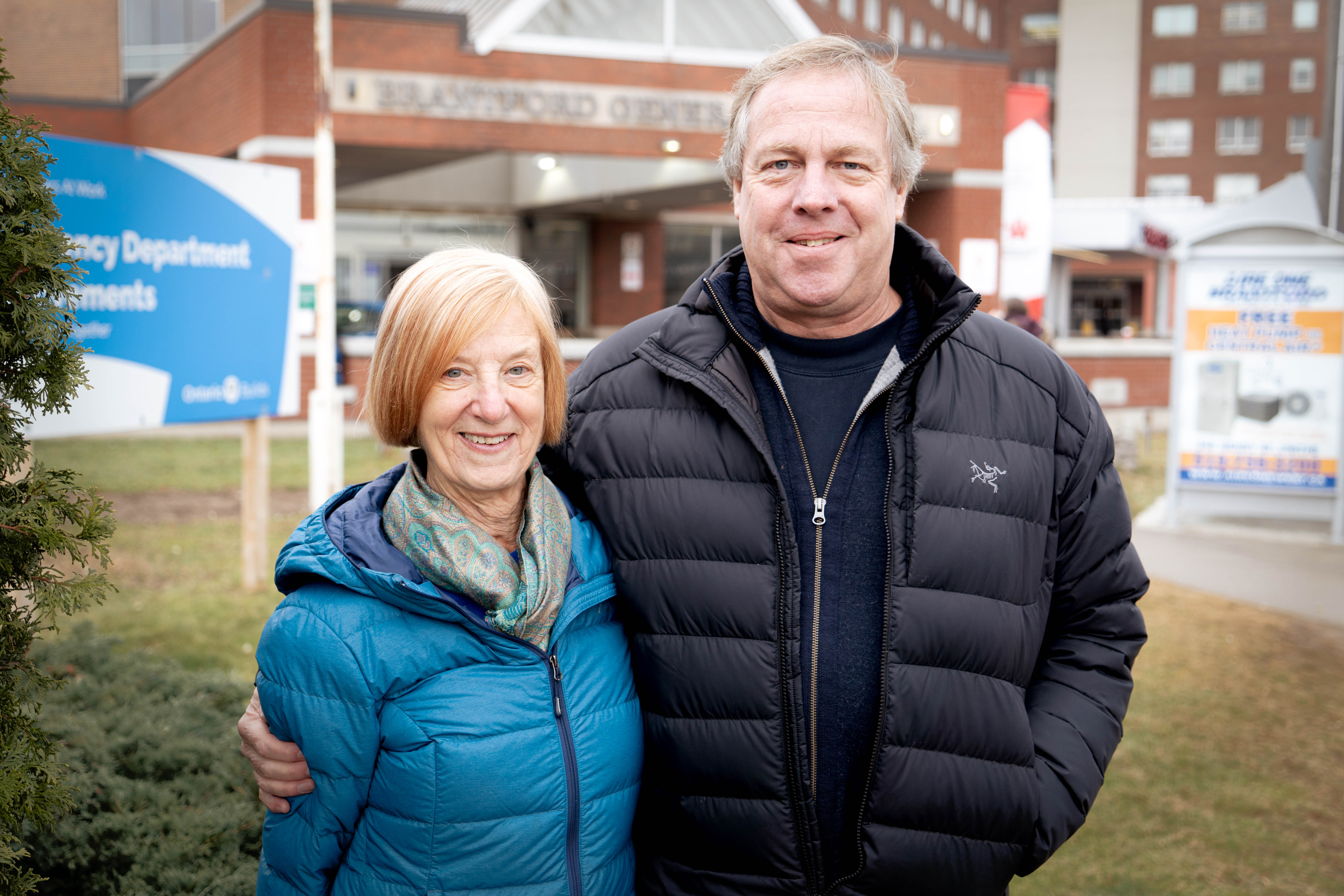 Mary Lynn Wheat and Dr. Jeff Manning stand outside of the Brantford General Hospital