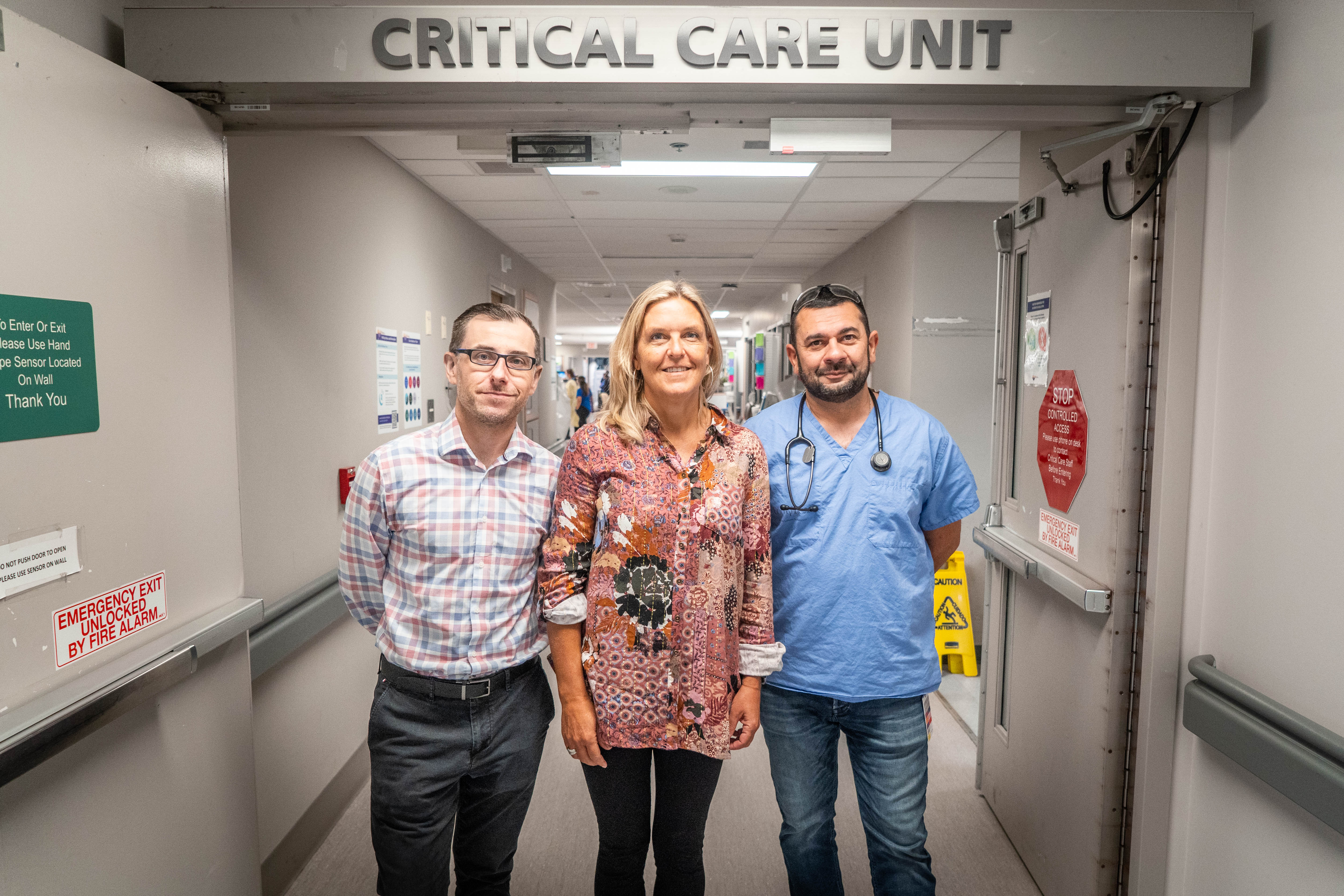 Brantford General Hospital has become a leader in community-based clinical care research.  William Dechert, from left, is research coordinator, Dr. Brenda Reeve, anesthetist and intensivist, and Dr. Raid Shaarbaf, internal medicine critical care, at Brant Community Healthcare System.