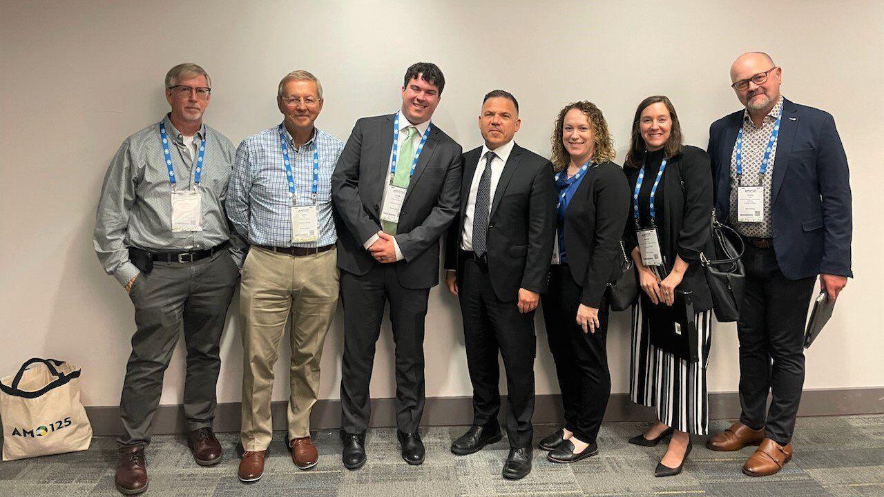 (County of Brant councillors John MacAlpine, John Bell, Lukas Oakley and Jennifer Kyle, and county staff Alysha Dyjach and Philip Mete met with MPP Anthony Leardi (centre) at AMO last week.)