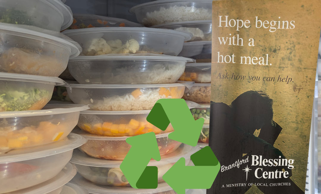 a close up image of prepared meals, with an overlay of a promotional banner and a recycling symbol