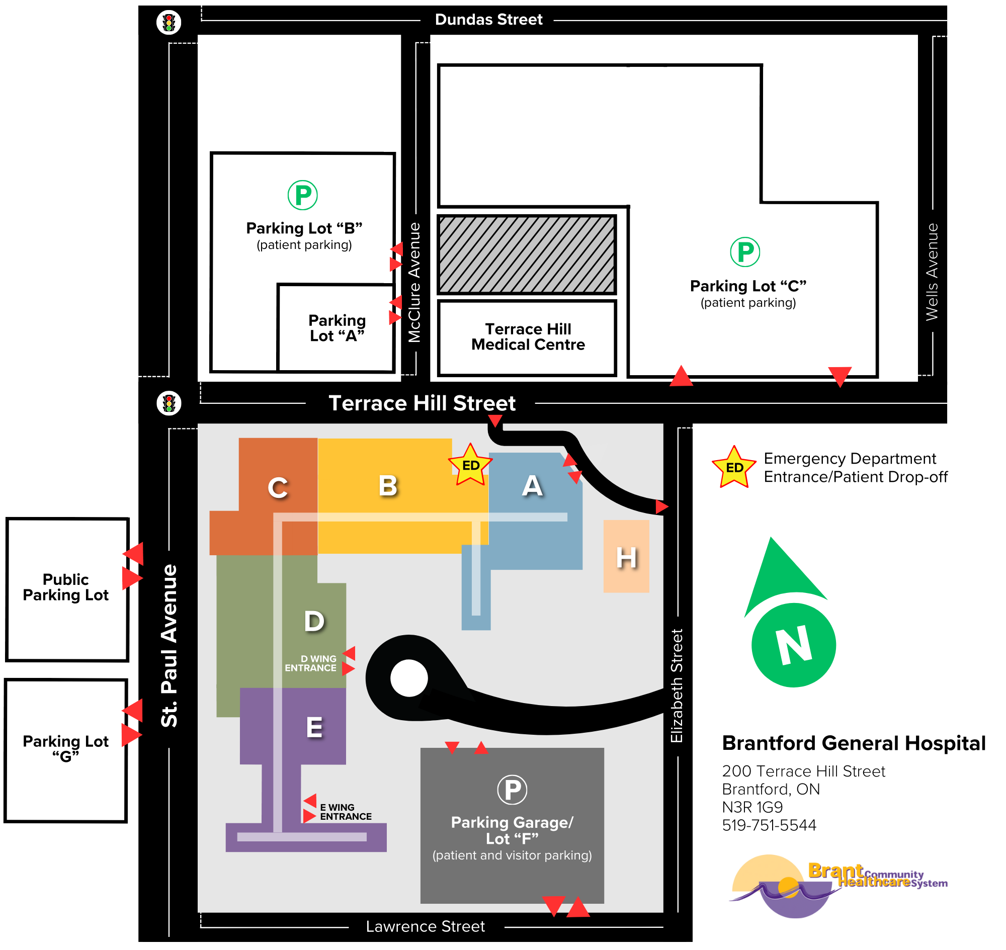 Parking and entrance map for Brantford General Hospital, effective November 27